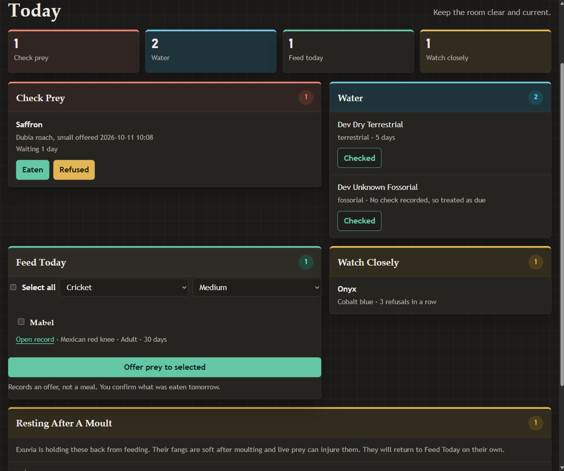 Seeded Exuvia dashboard with Mabel listed under Feed Today