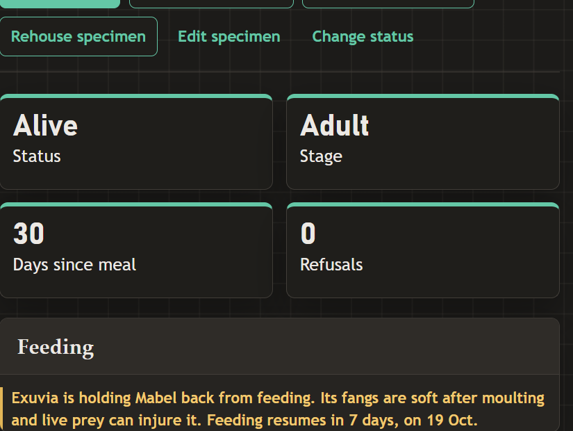 Seeded Mabel record showing post-moult rest and feeding paused